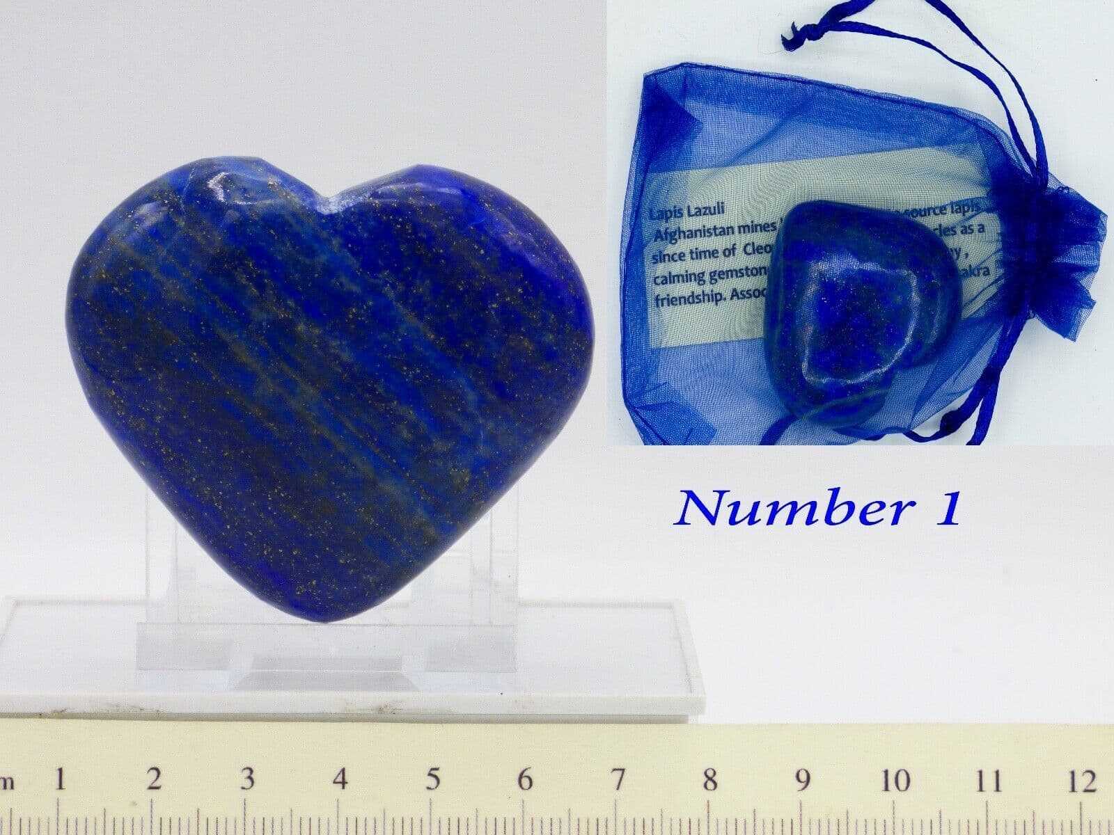 Blue Lapis Lazuli Crystal Heart 5.5 cm+ Organza Bag + Display Stand
