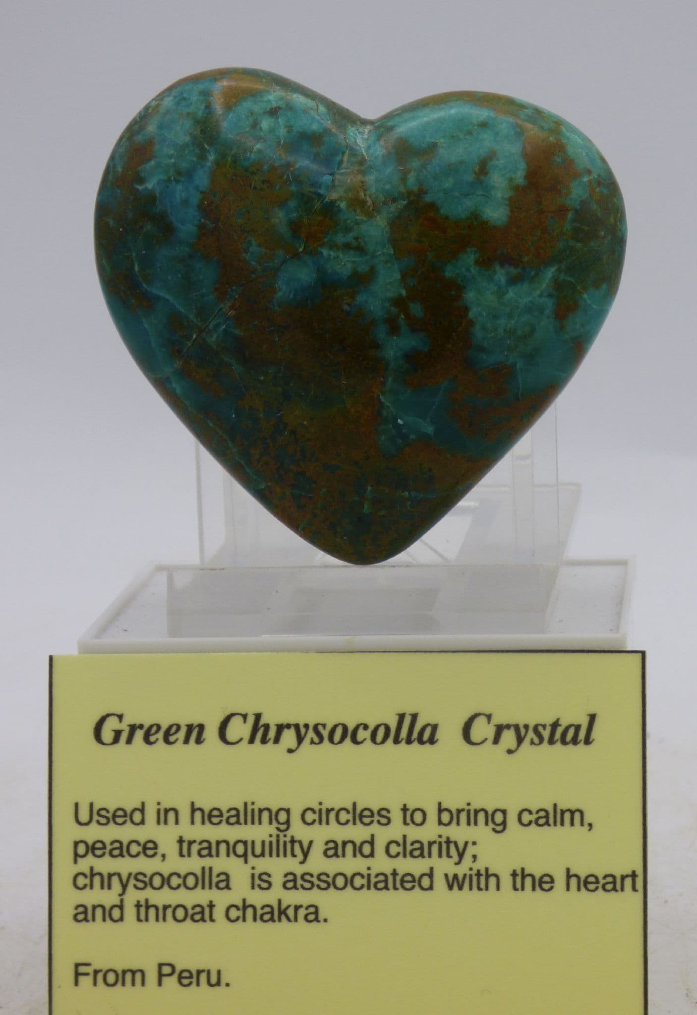 Green Chrysocolla Crystal Heart 5.8 cm + Stand + Organza Bag