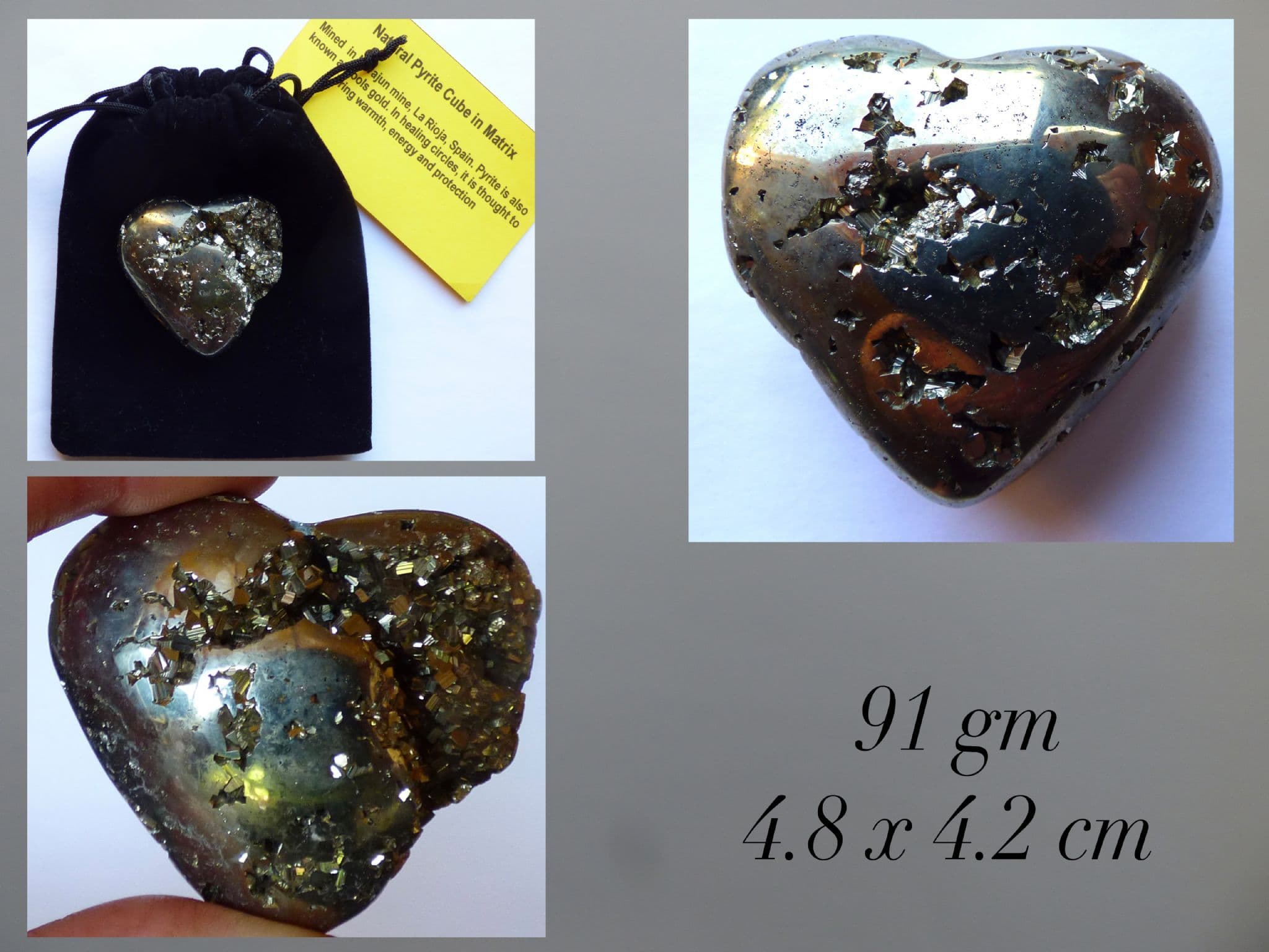 Natural Peruvian Crystal Heart in Black Draw String Gift Bag