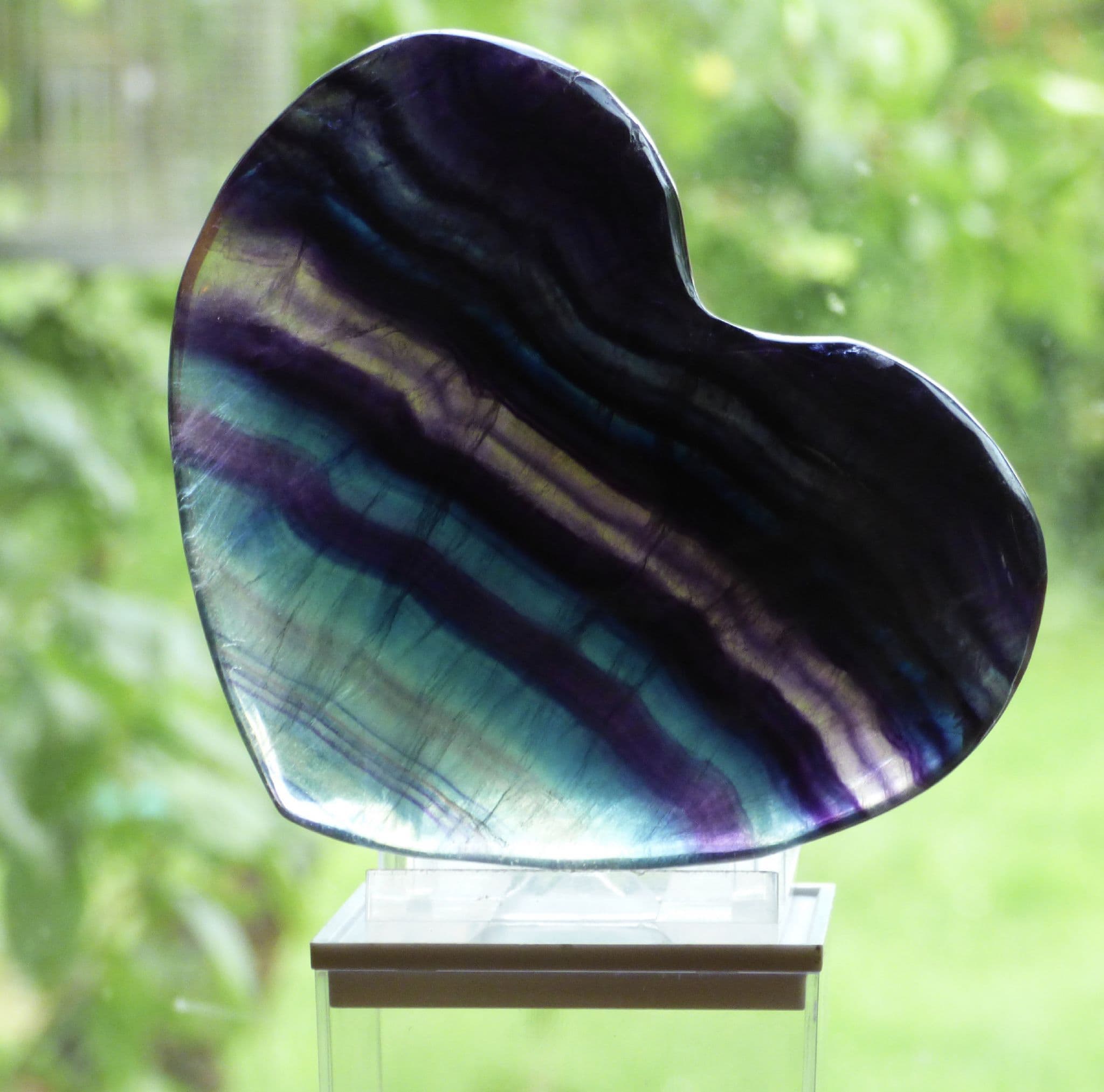 Rainbow Fluorite Polished Crystal Heart with Display Stand
