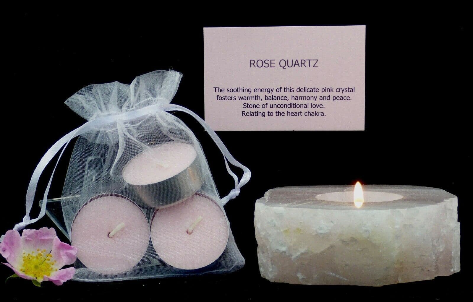 Rose Quartz Candle Holder + 3 Rose Scented Tea Lights in Gift Bag + Card