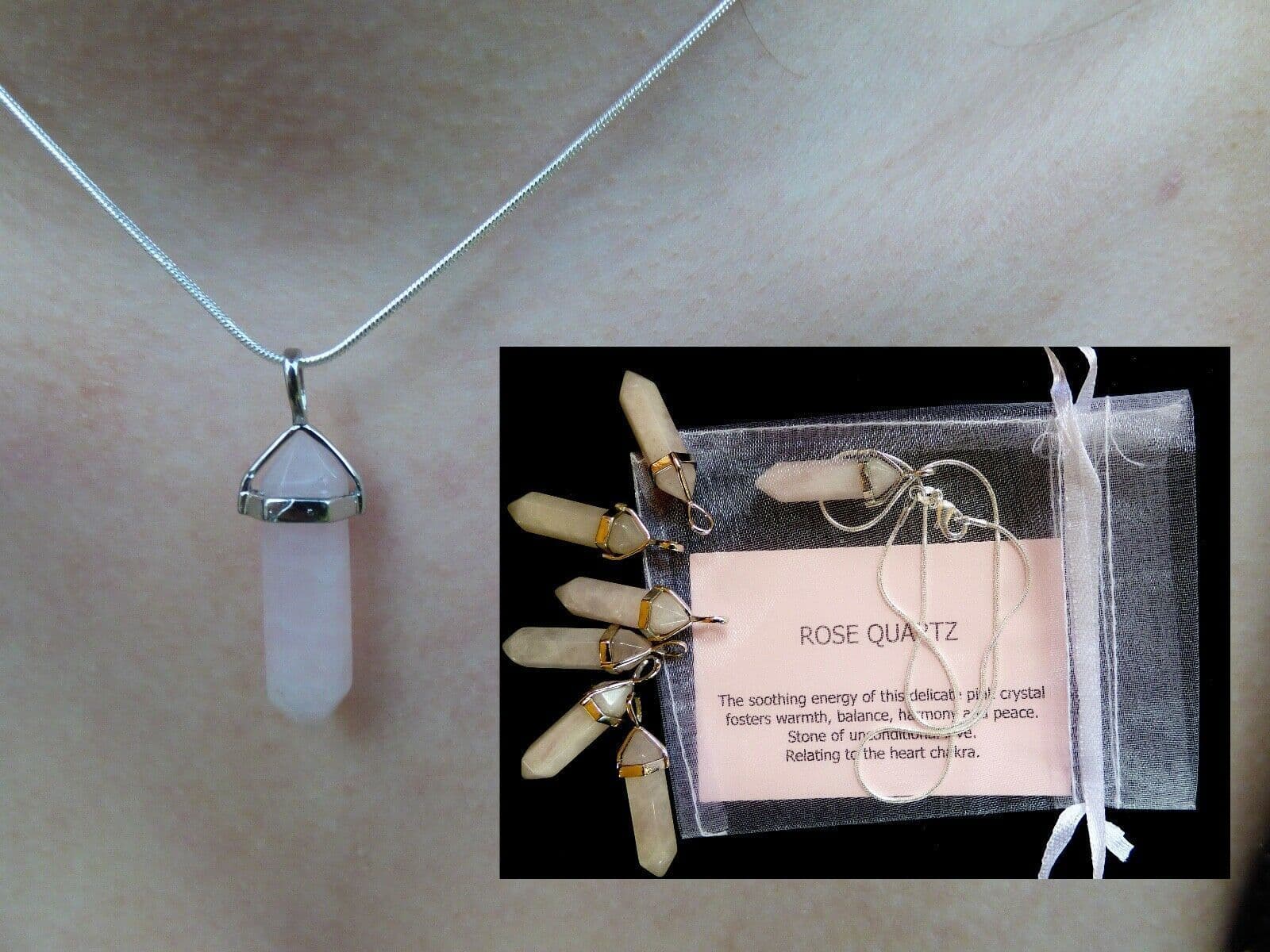 Rose Quartz Pendant Point with Snake Chain in Organza Gift Bag + Card