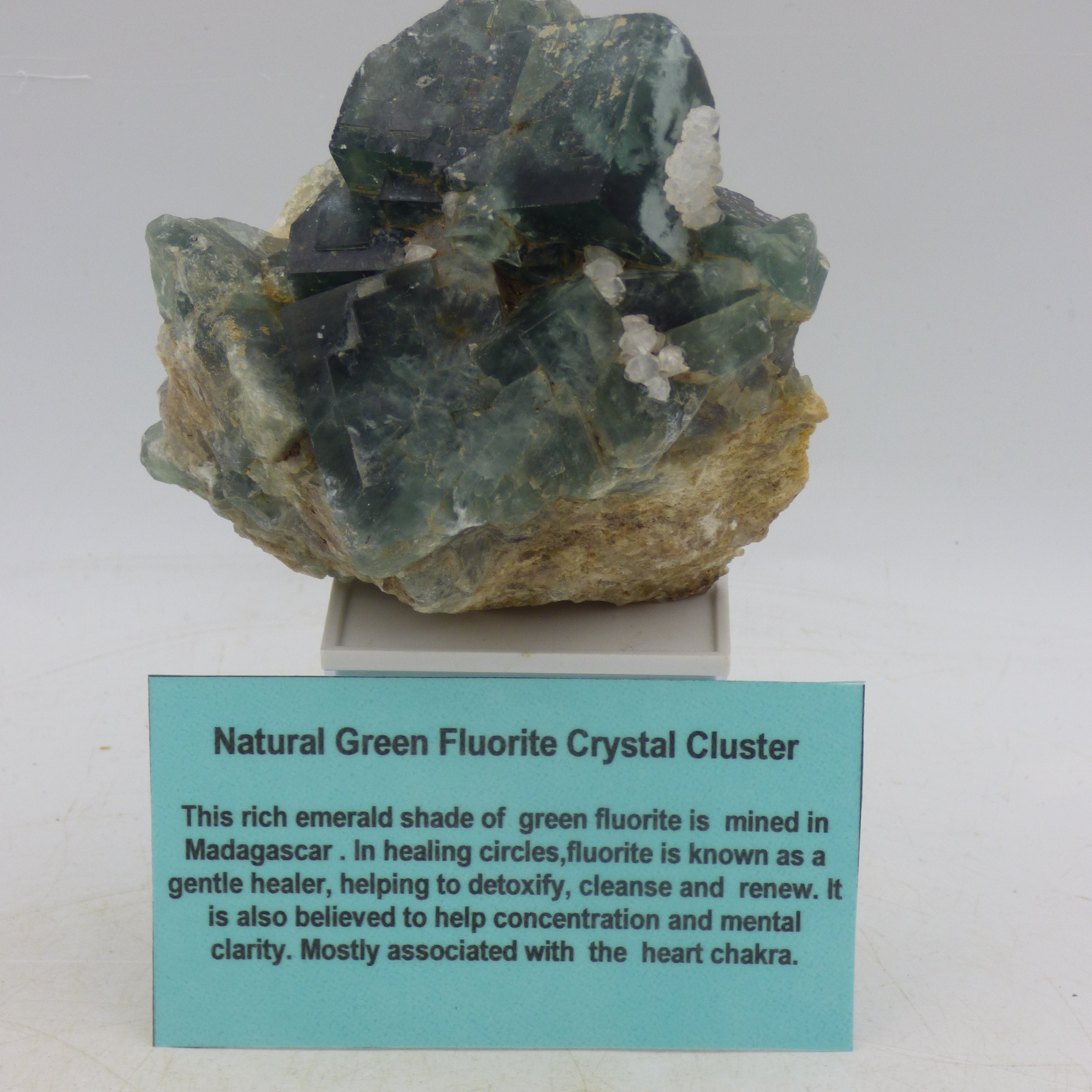 Natural Green Fluorite Crystal Cluster from Madagascar with Display Stand