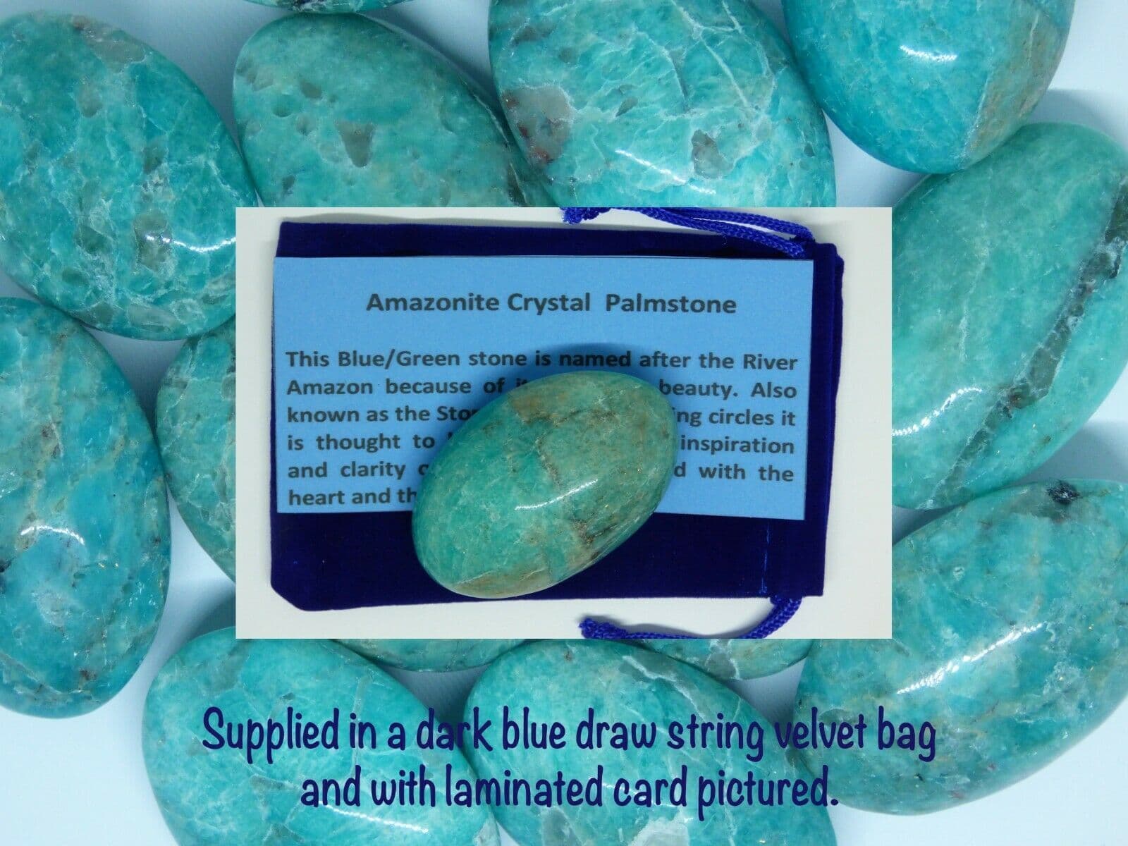 Blue Green Amazonite Crystal Palm Stone Velvet Bag + Card