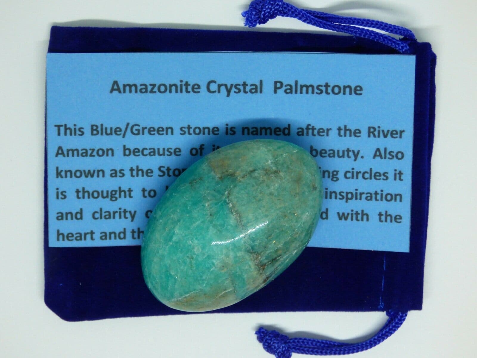 Blue Green Amazonite Crystal Palm Stone Velvet Bag + Card