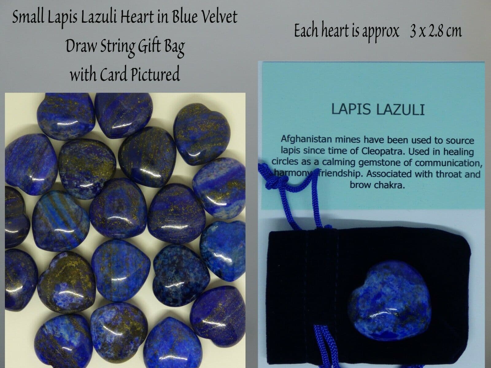 Small Natural  Lapis Lazuli Crystal Heart 30 x 28 mm in Blue Velvet Bag + Card