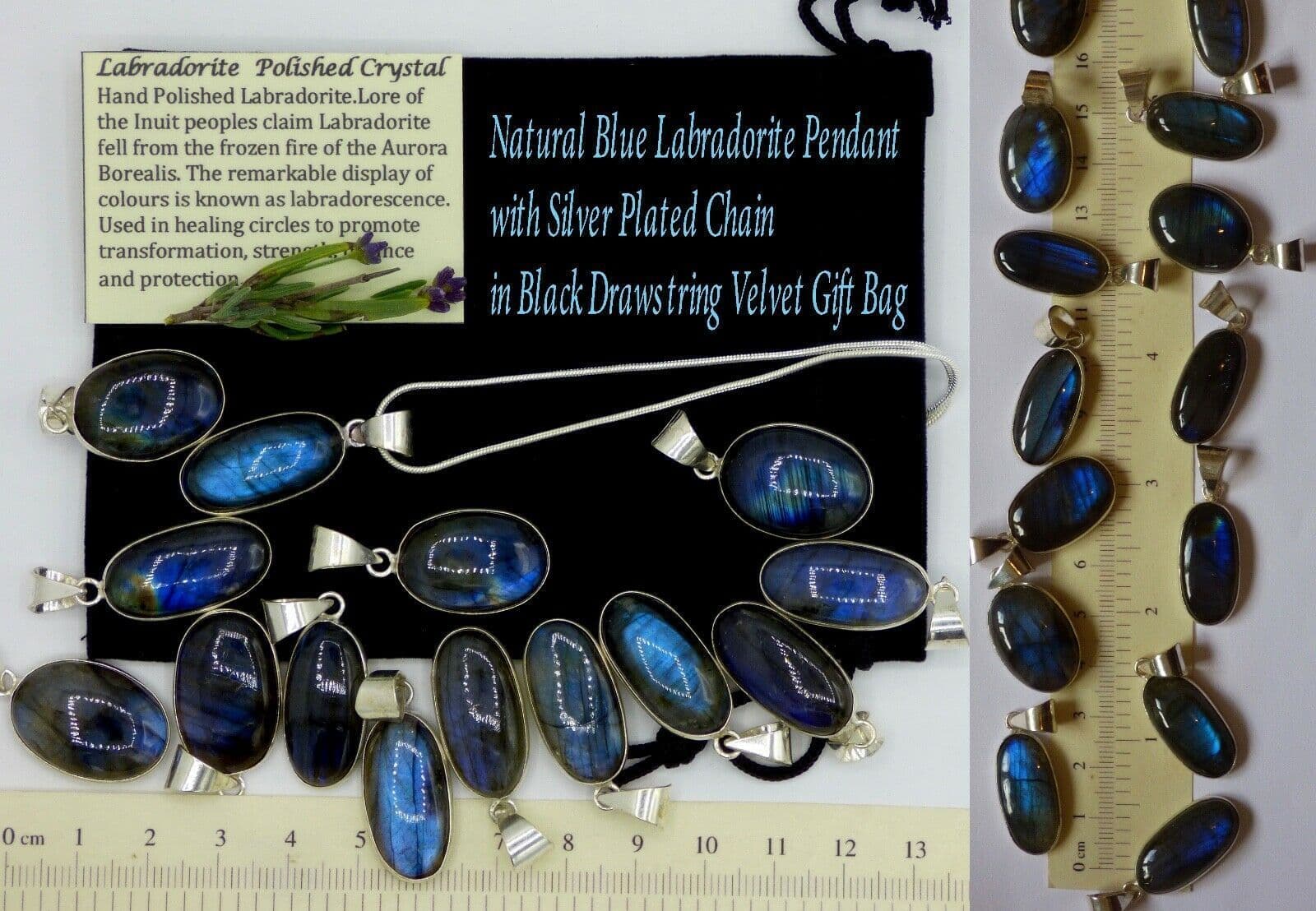 Blue Peacock Labradorite Crystal  Pendant Silver Plated Chain  Black Velvet Bag