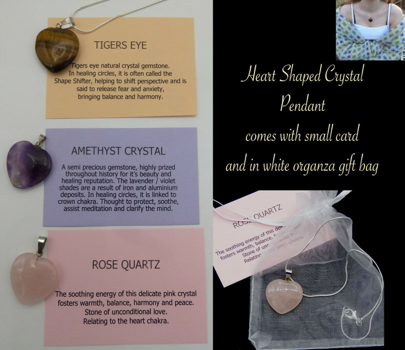 Heart Pendant Amethyst Tigers Eye Rose Quartz in Organza Gift Bag +Card