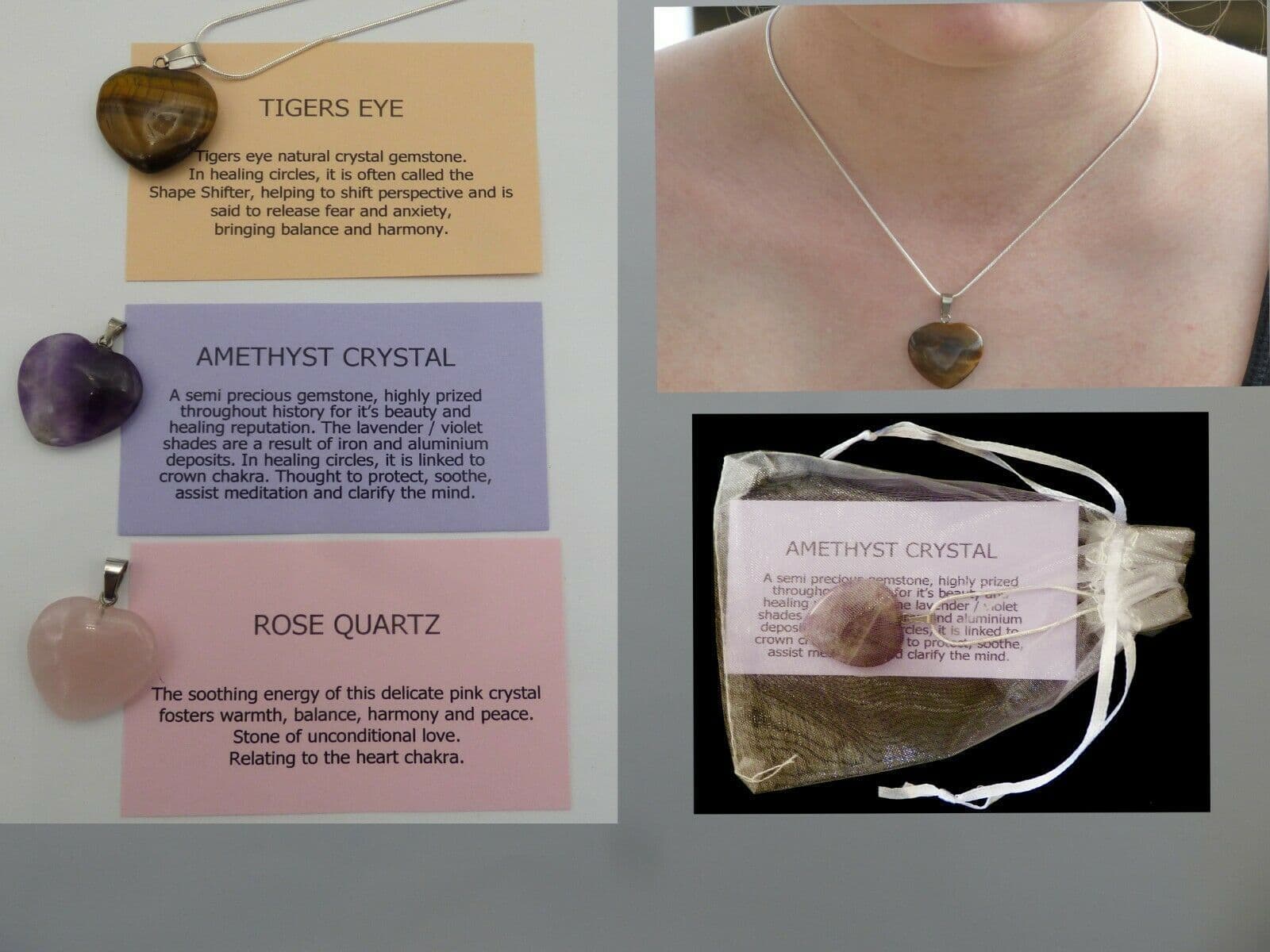 Heart Pendant Amethyst Tigers Eye Rose Quartz in Organza Gift Bag +Card