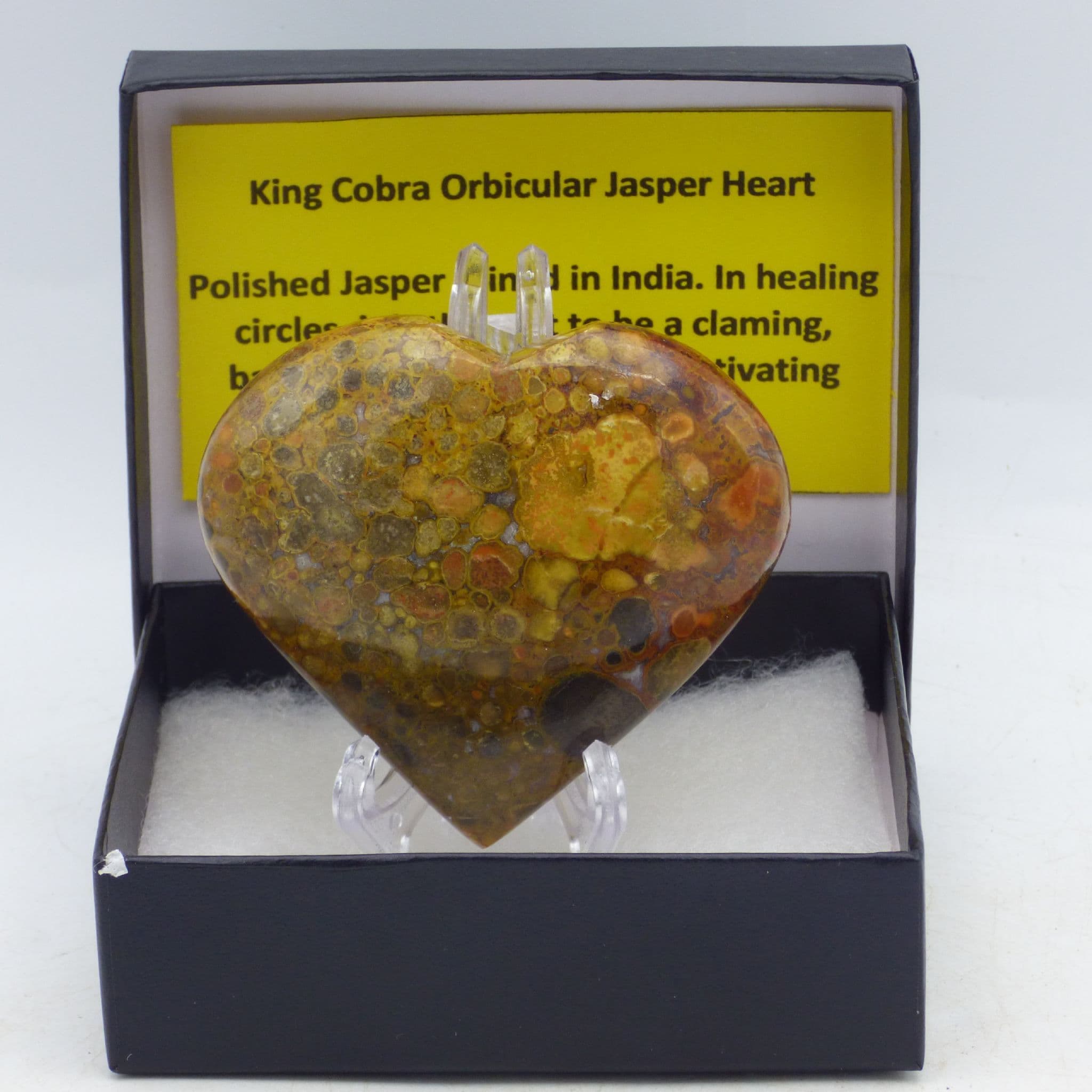 King Cobra Orbicular Jasper Polished Heart Gift Boxed + Stand