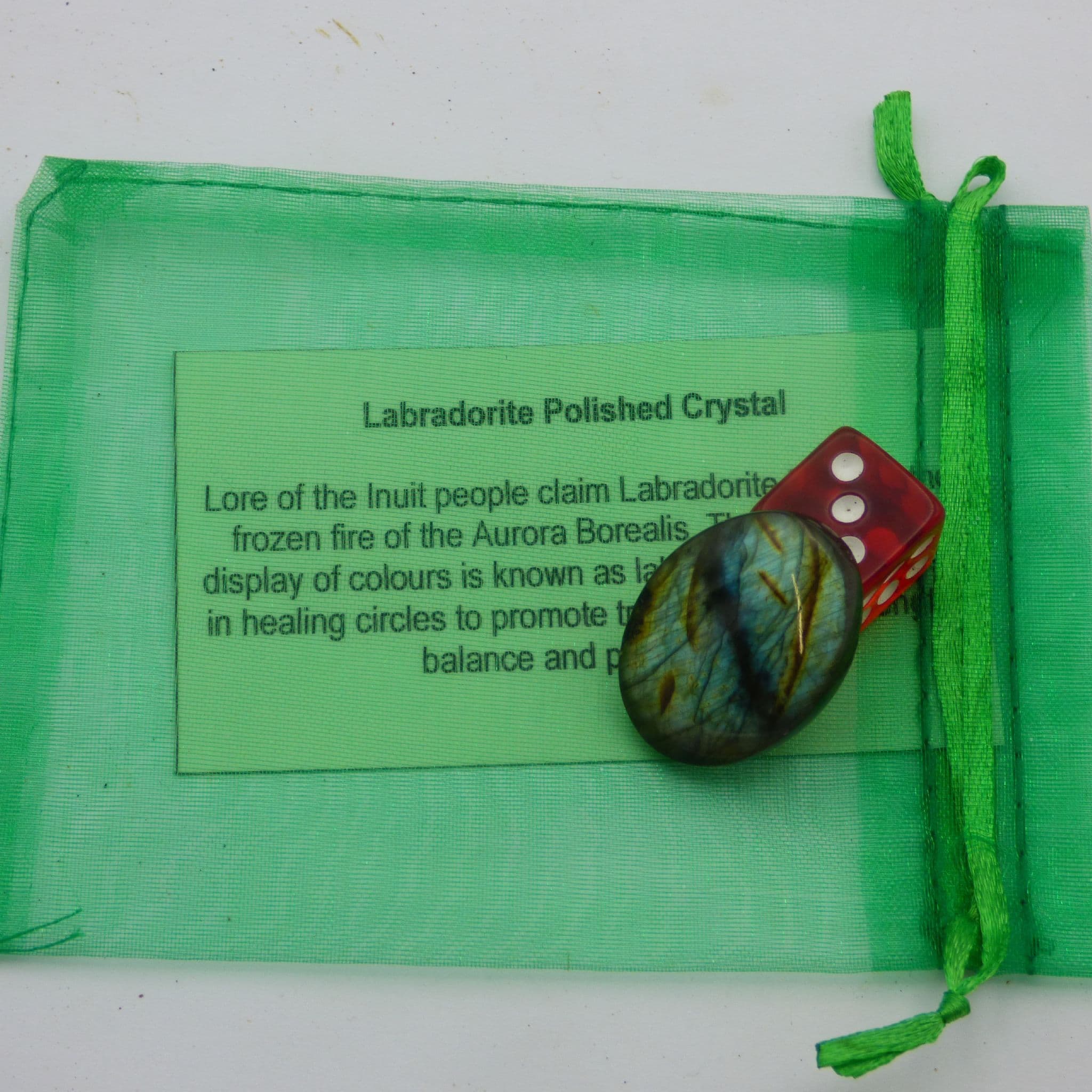 Labradorite Crystal Cabochon in Green Organza Gift Bag with Card