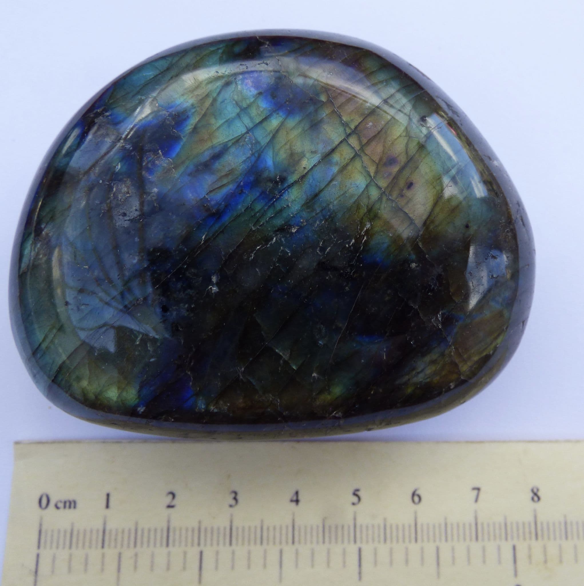 Labradorite Polished  Gemstone  7.8 x 6.2 x 2.25cm 221 gms  Gift Bag +Display Stand (1)