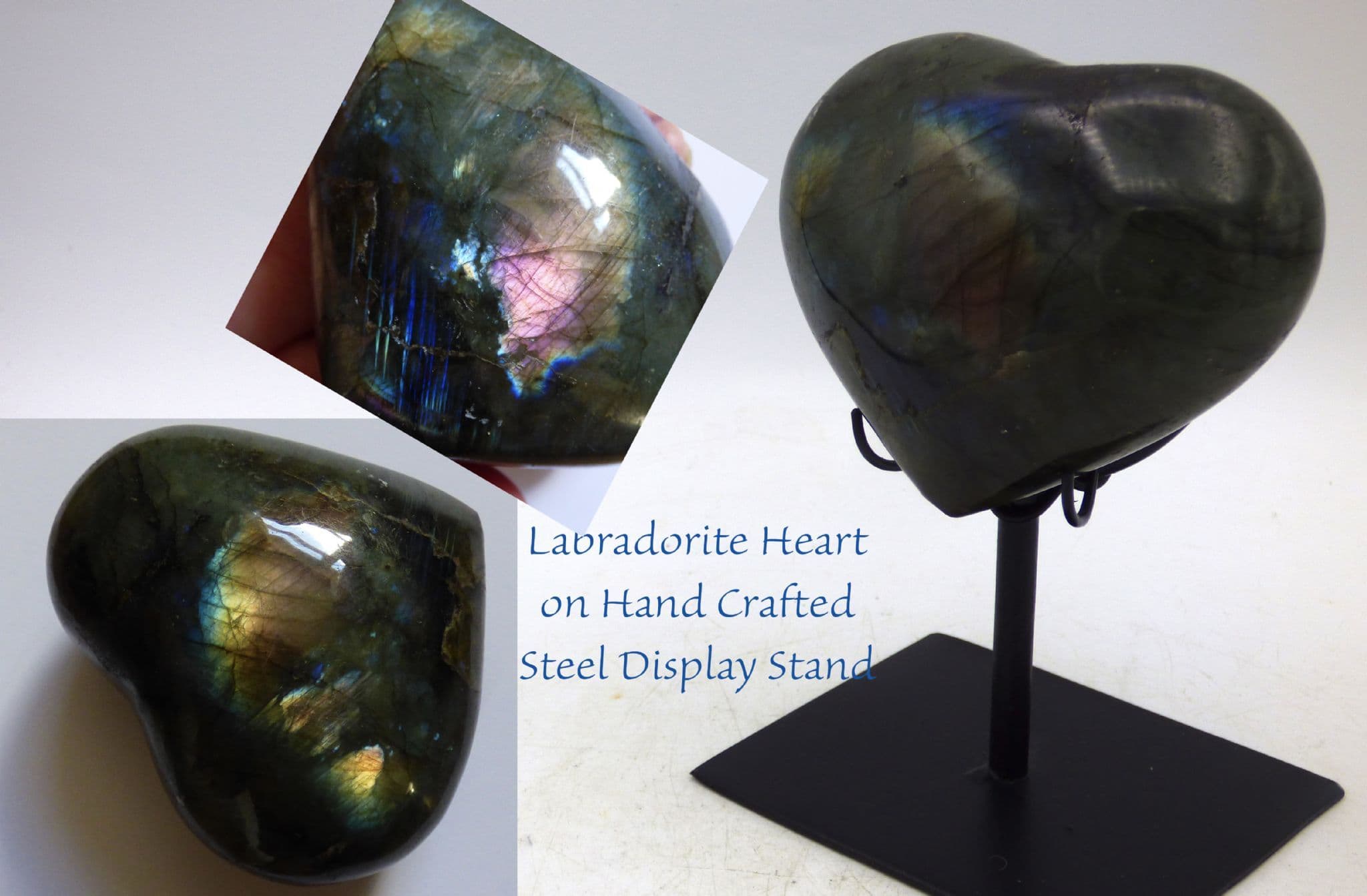 Labradorite Polished Hearts Steel Display Stand Choose from Drop Down Menu