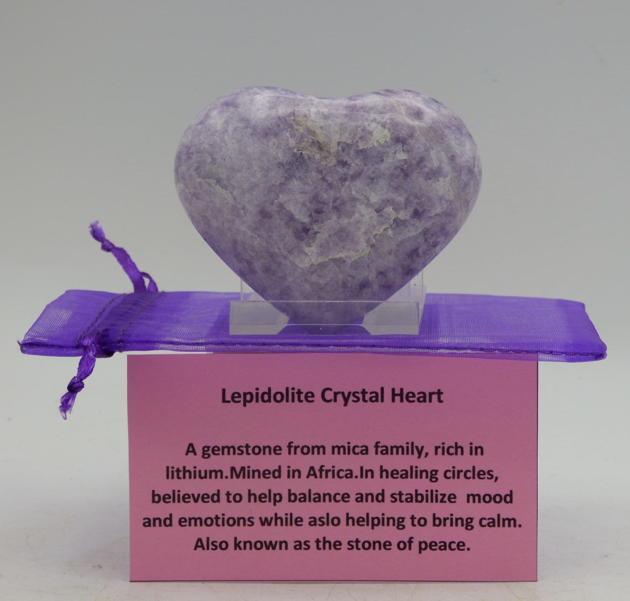 Lilac Lepidolite Crystal Heart from Africa with Display Stand + Gift Bag 1