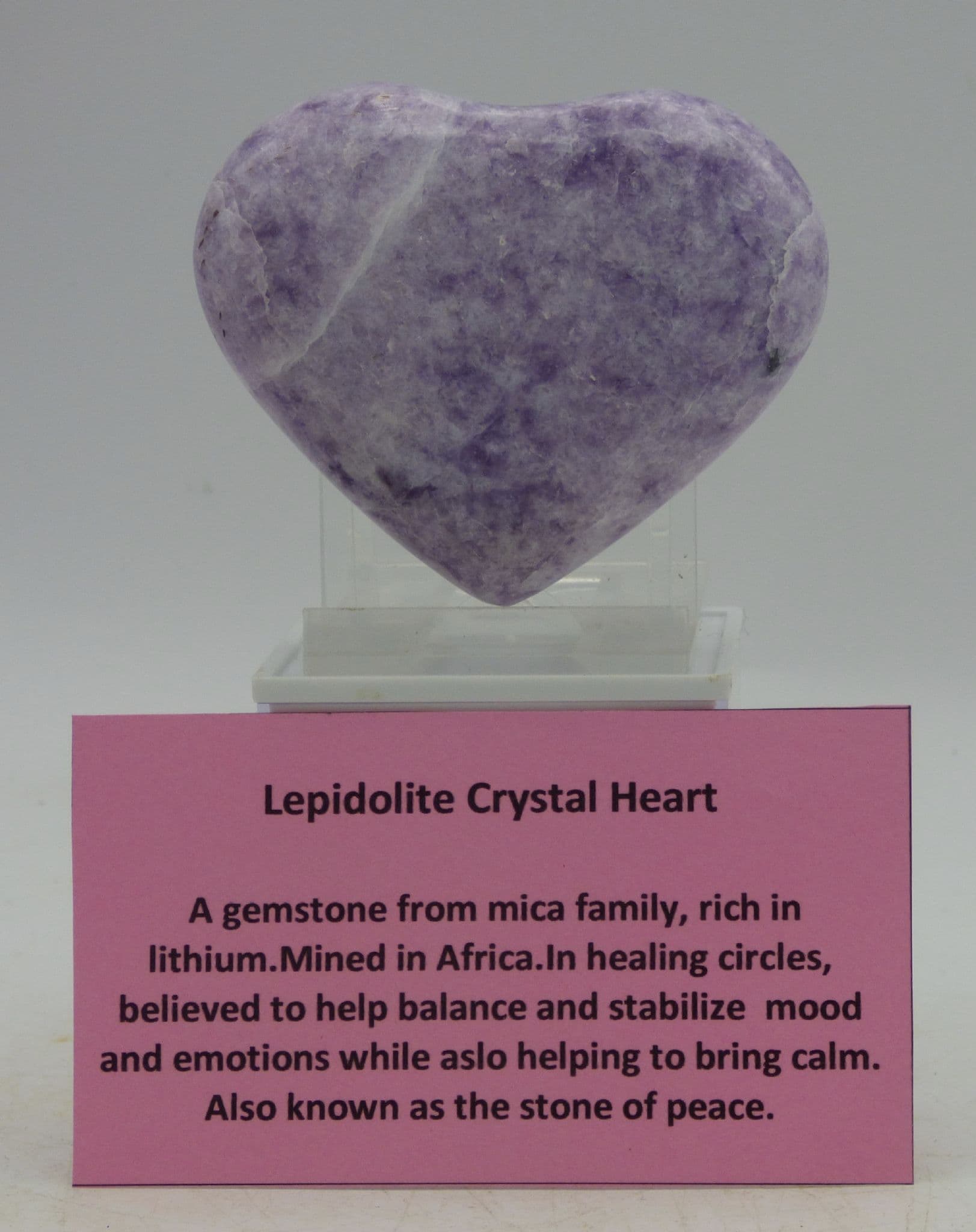 Lilac Lepidolite Crystal Heart from Africa with Display Stand + Gift Bag 1