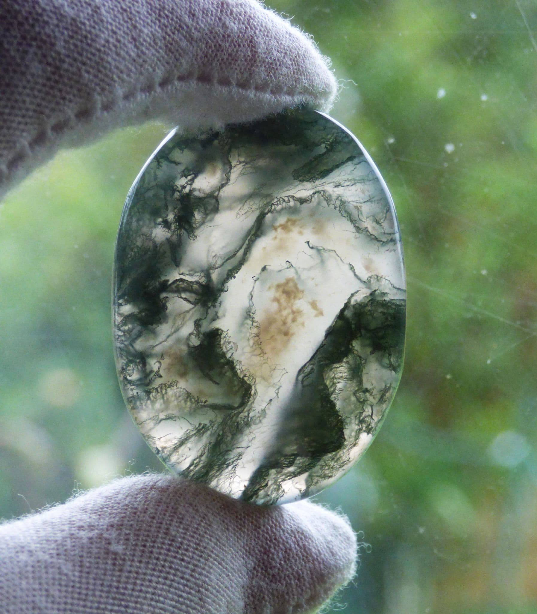 Moss Agate Crystal Polished Cabochon with Card and in Green Organza Bag