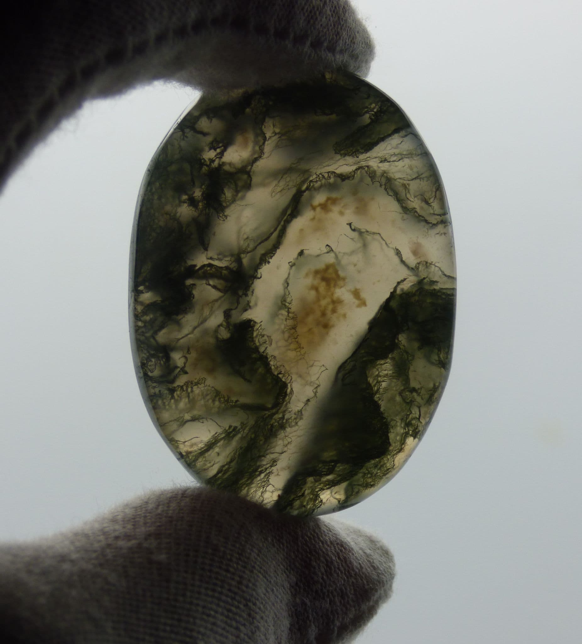 Moss Agate Crystal Polished Cabochon with Card and in Green Organza Bag