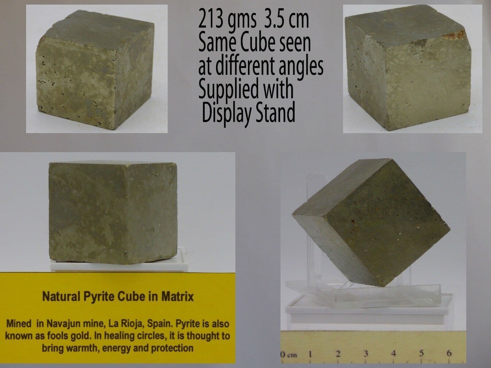 Natural Pyrite Cube 213 gms 3.5 x 3.5 cm  La Rioja region, Spain + Display Stand