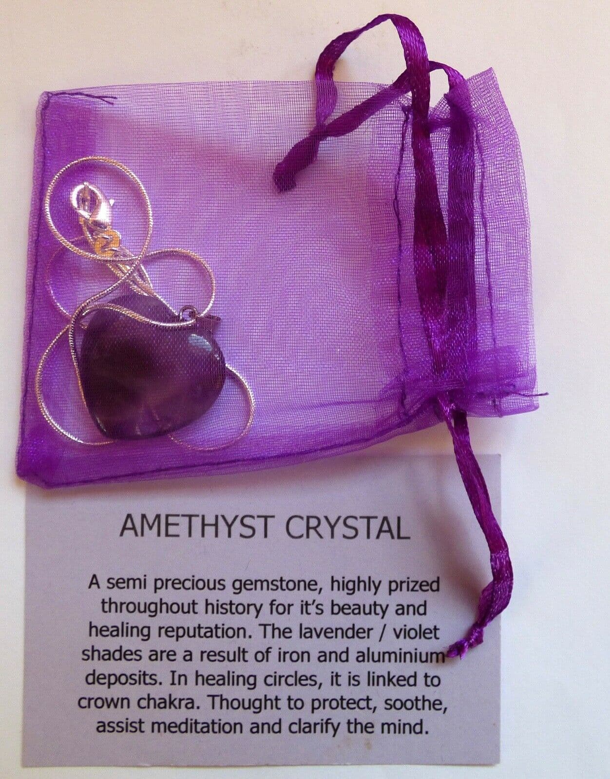 One Amethyst Crystal  Heart Pendant + Snake Chain + Organza Bag