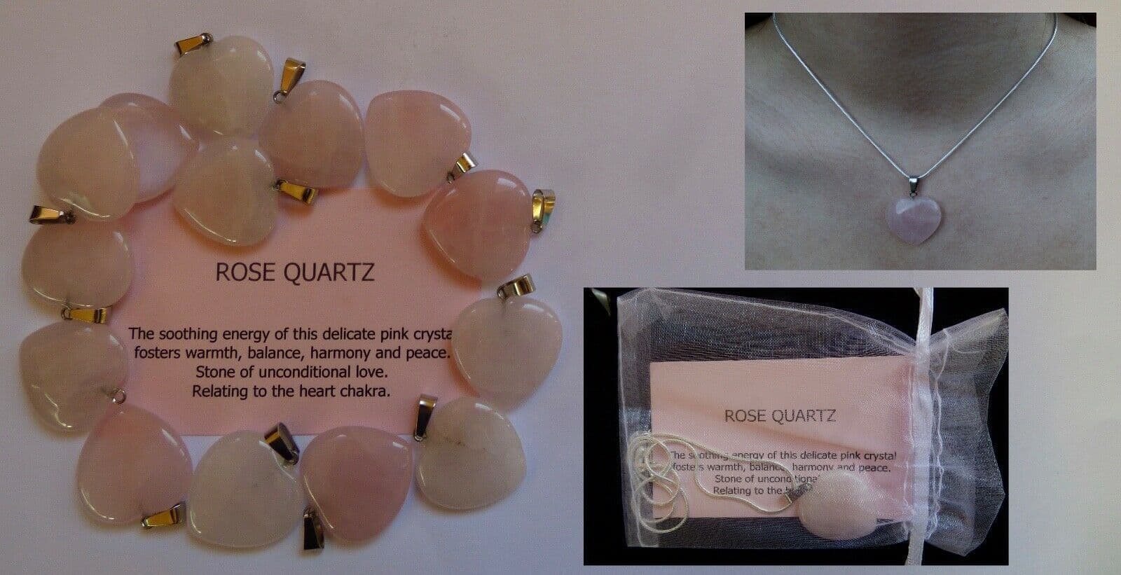 One Rose Quartz Heart Pendant and Snake Chain + Organza Bag + Card