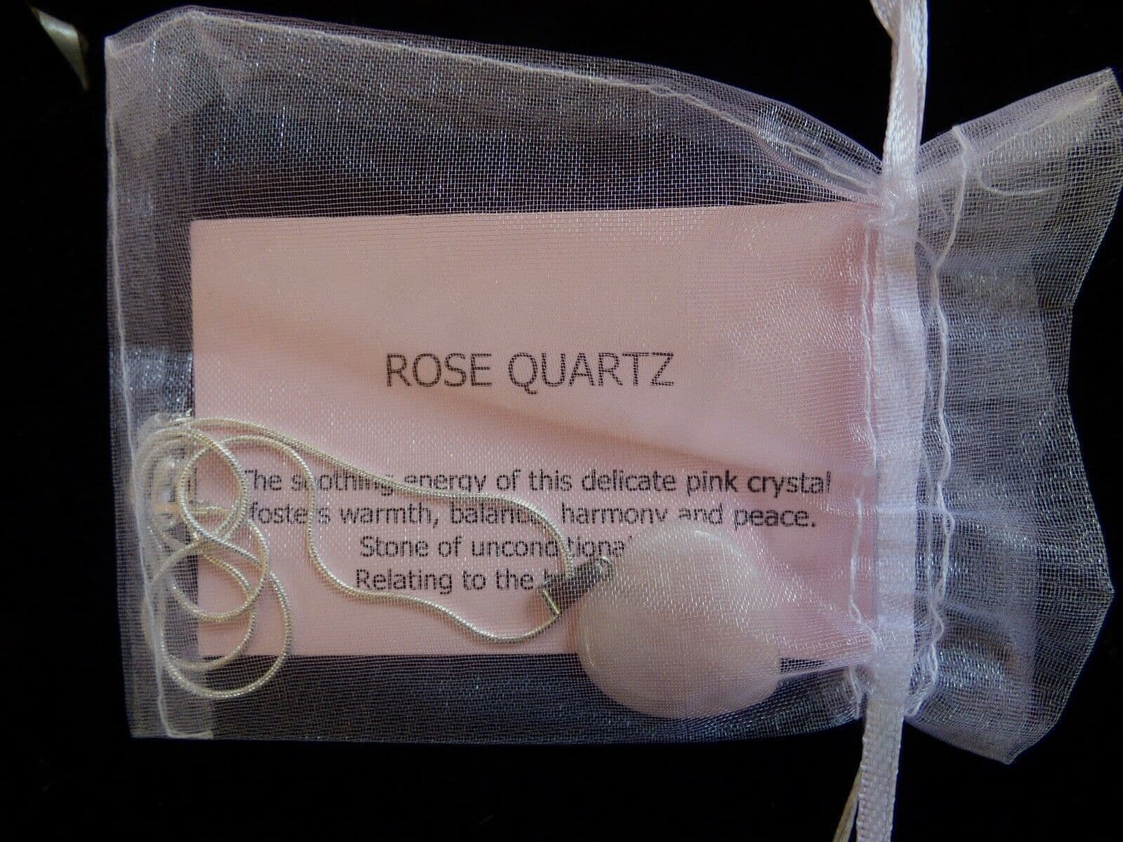 One Rose Quartz Heart Pendant and Snake Chain + Organza Bag + Card