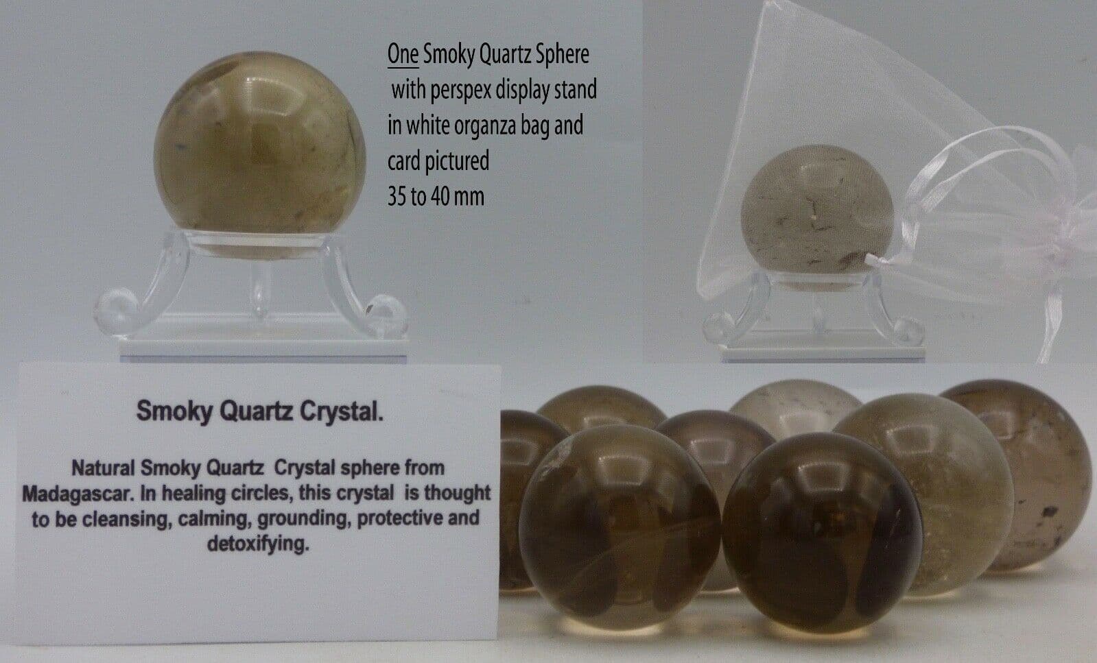 One Smoky Quartz Crystal Sphere 35 to 40 mm + Display  Stand +Organza Bag