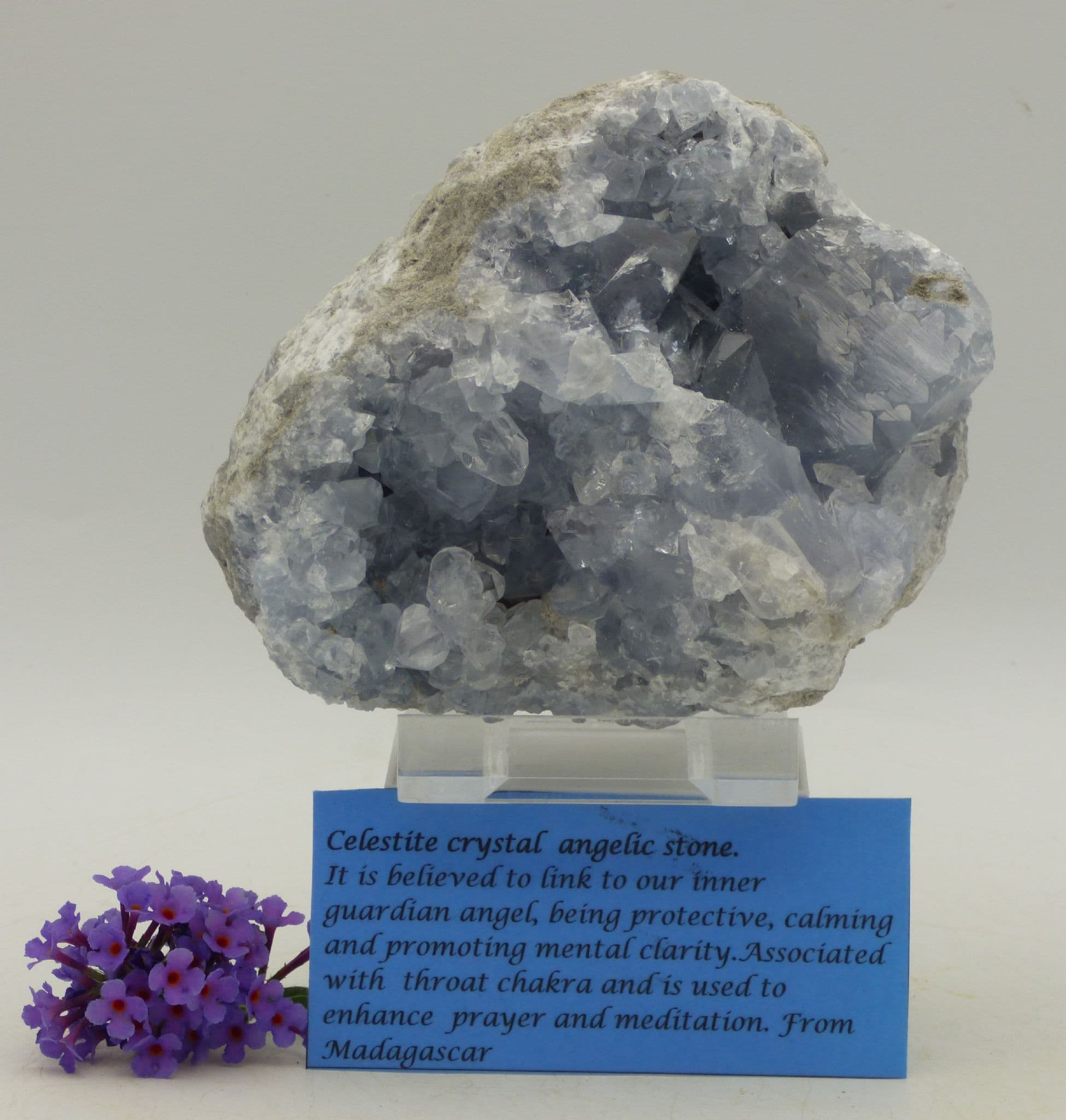 Pale Blue Celestite Crystal Cluster  774 gm - with display stand.