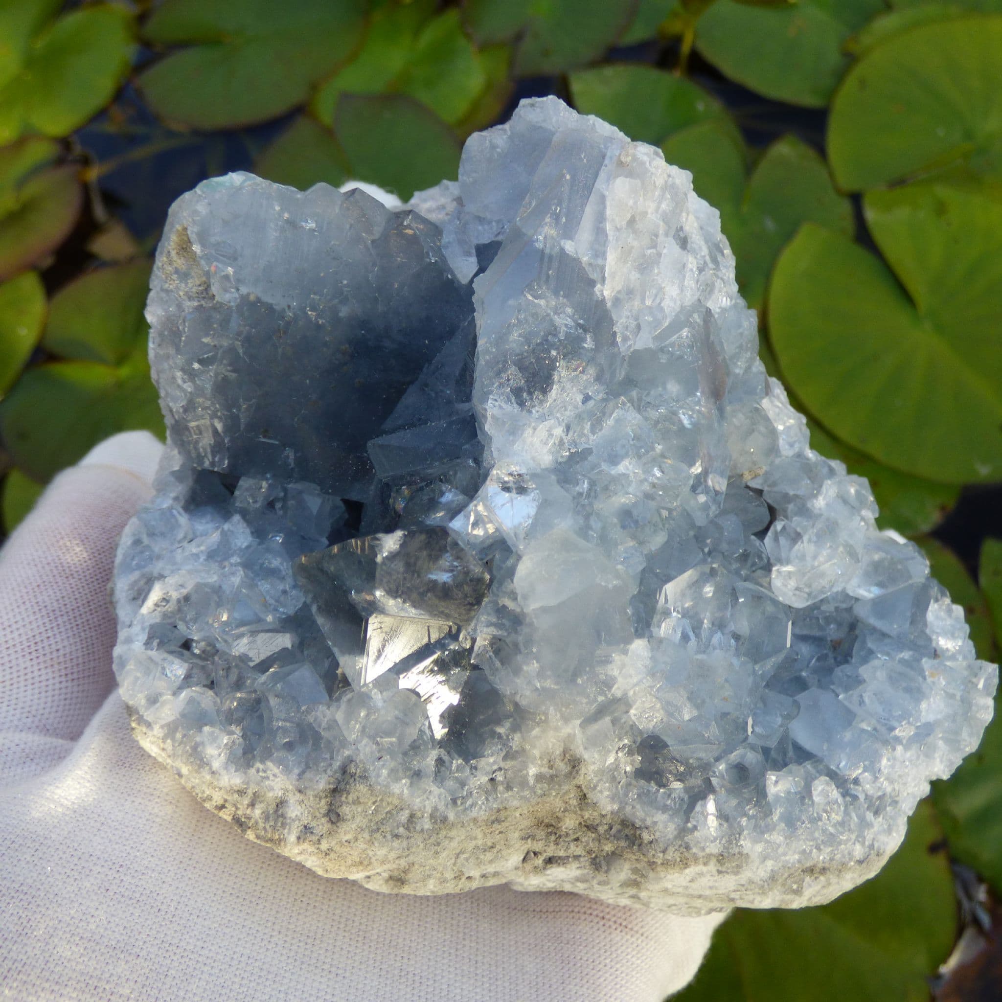 Pale Blue Celestite Crystal Cluster  774 gm - with display stand.