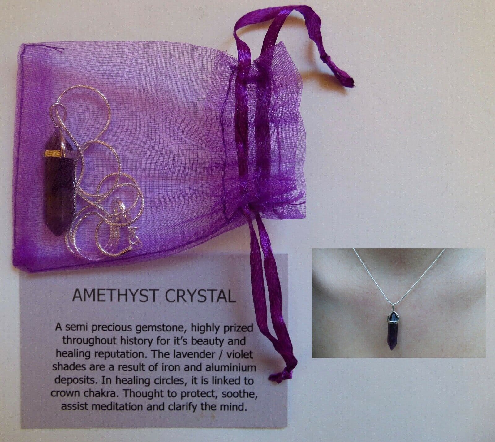 Pisces Birthday Amethyst Crystal Pendant  Point + Snake Chain +Organza Bag+ Card