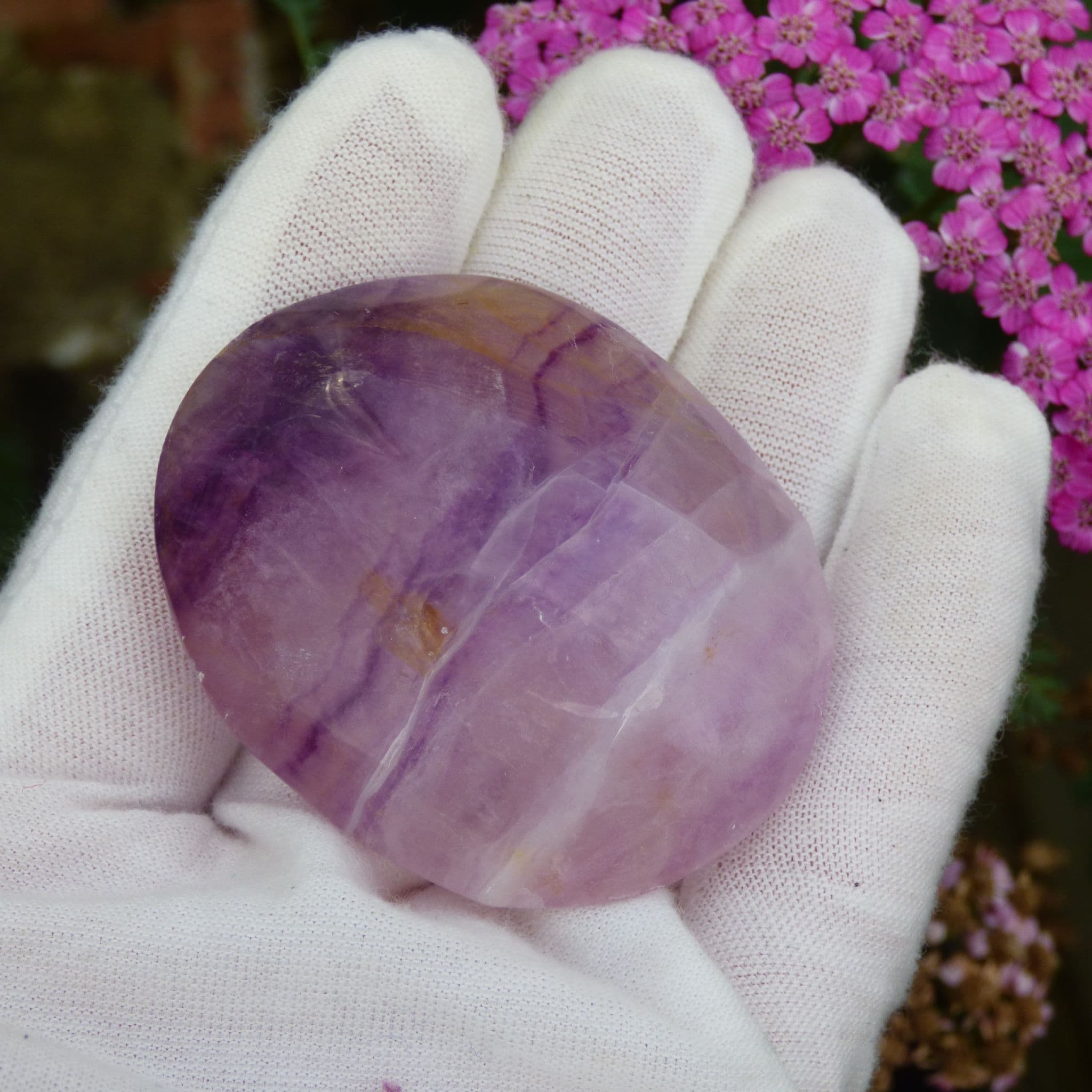 Rainbow Fluorite Palm Stone with display stand and in organza gift bag