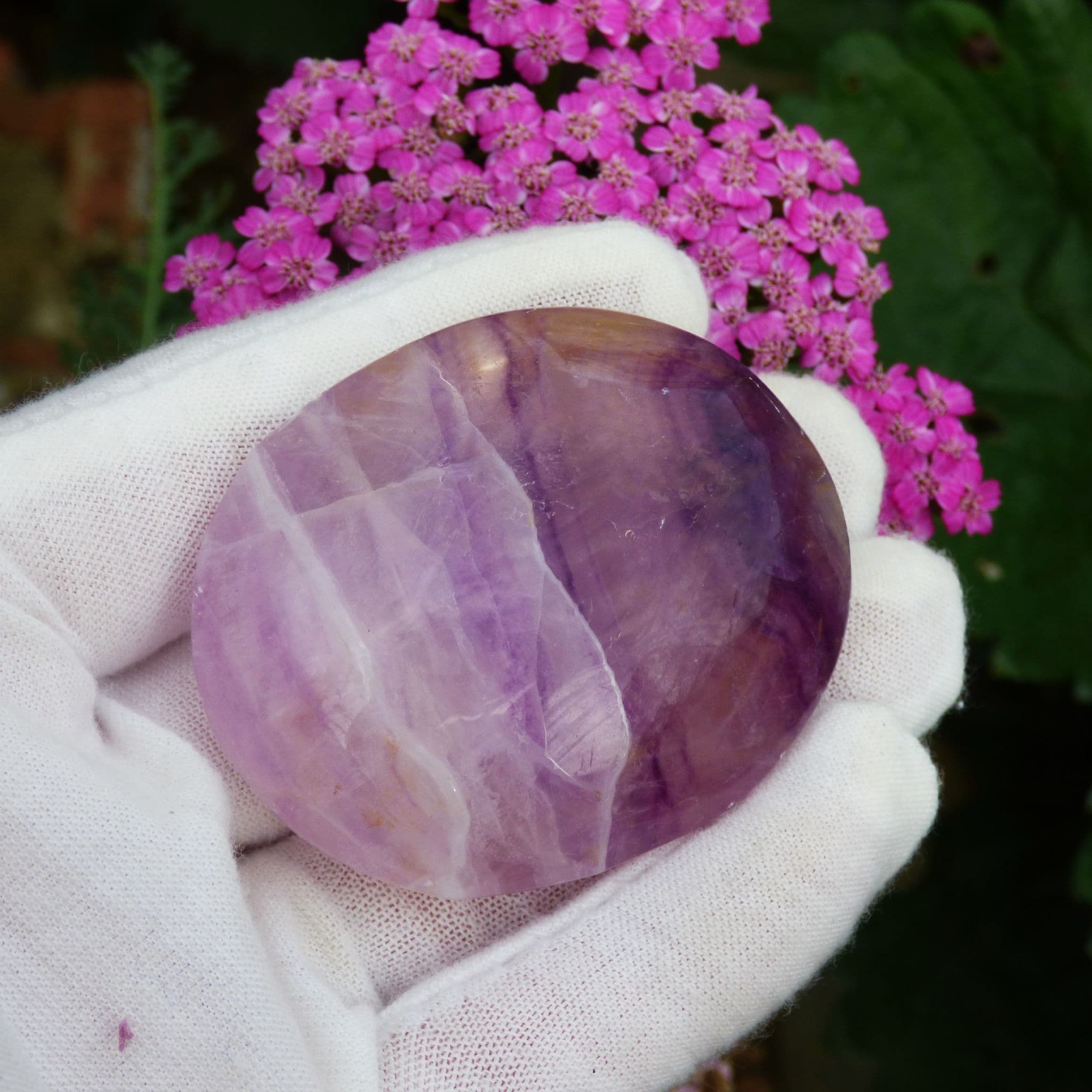 Rainbow Fluorite Palm Stone with display stand and in organza gift bag