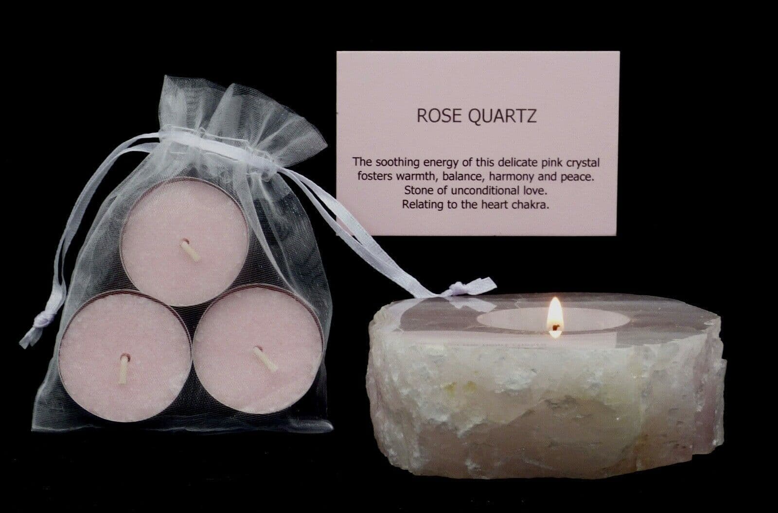 Rose Quartz Candle Holder + 3 Rose Scented Tea Lights in Gift  Bag + Card