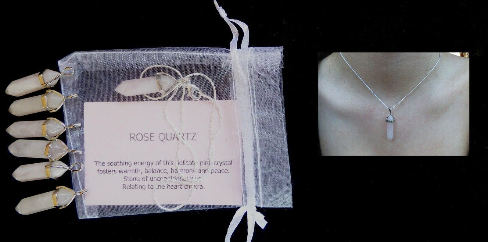 Rose Quartz Pendant Point with Snake Chain  in Organza Gift Bag + Card