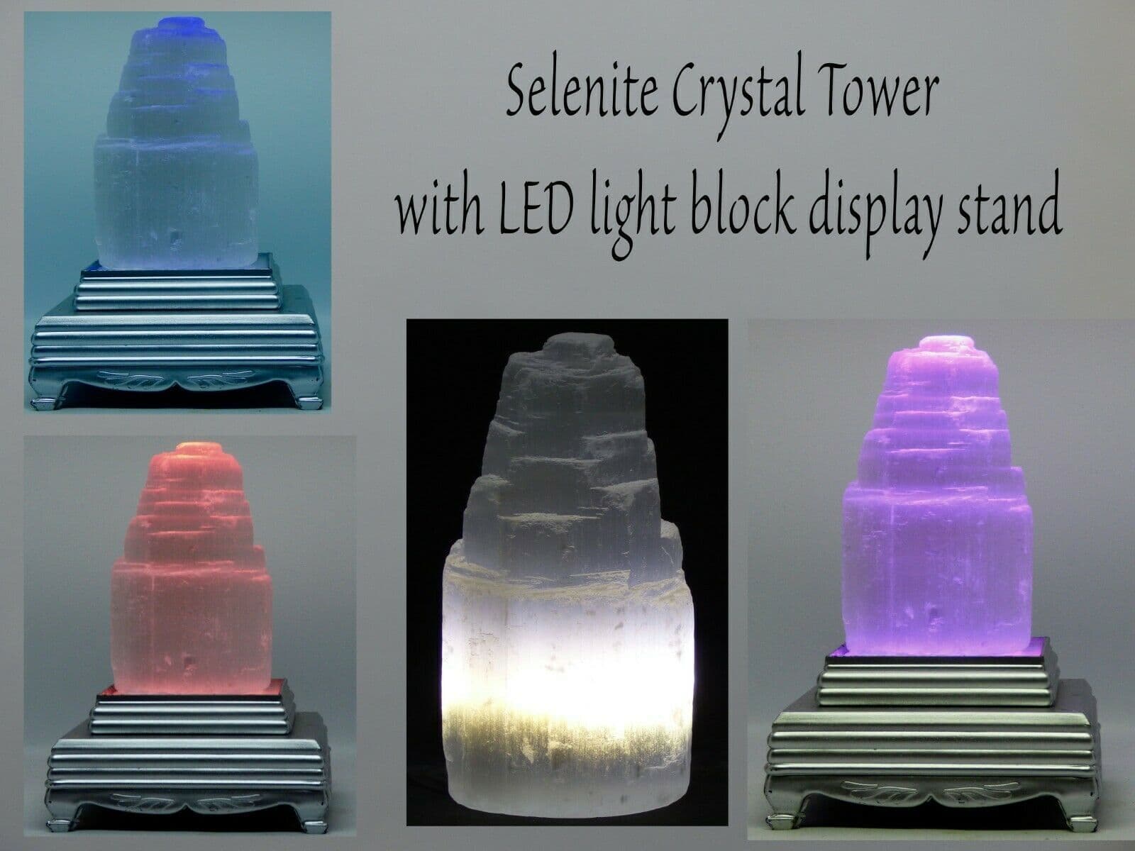 Selenite Crystal Tower on Colour Changing LED Light Block Display Stand