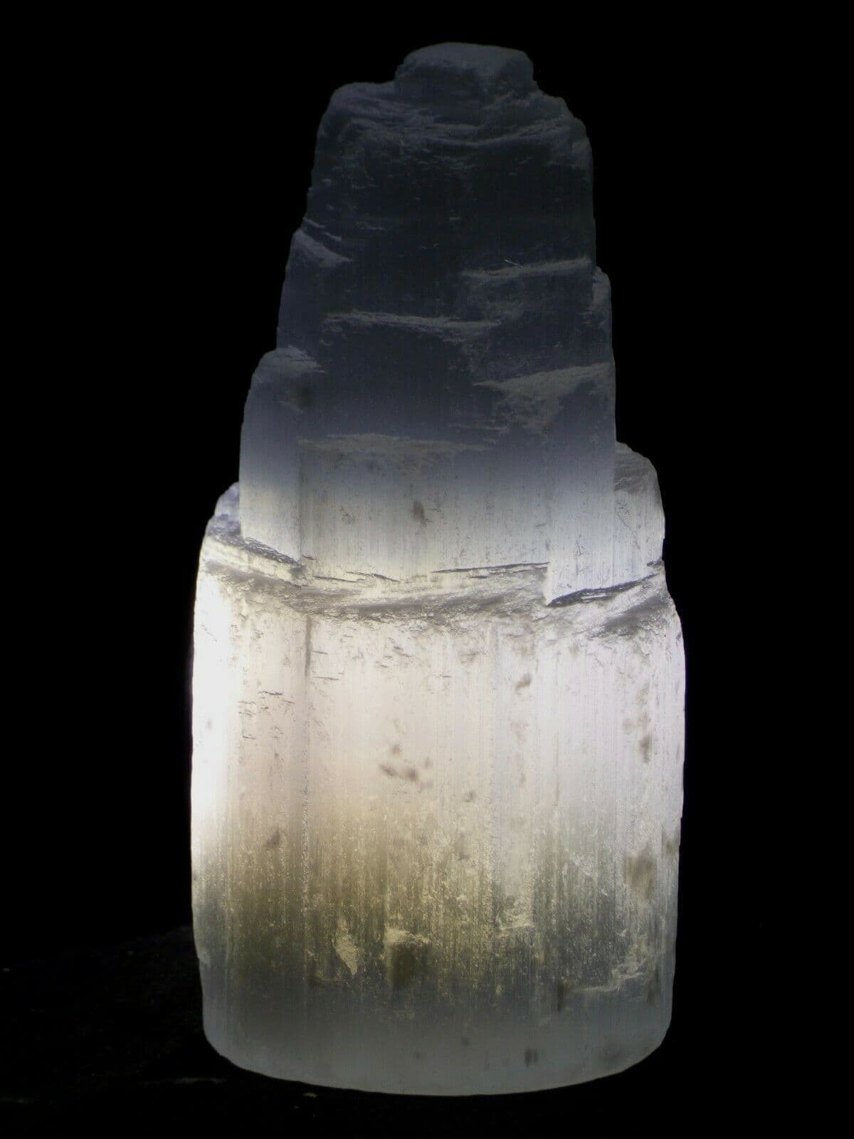 Selenite Crystal Tower on Colour Changing LED Light Block Display Stand