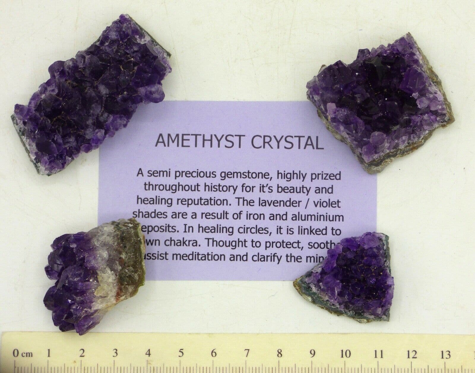 Set of Four Small Amethyst  Crystal Clusters with Card 3 to 5 x 2 to 3 cm  each