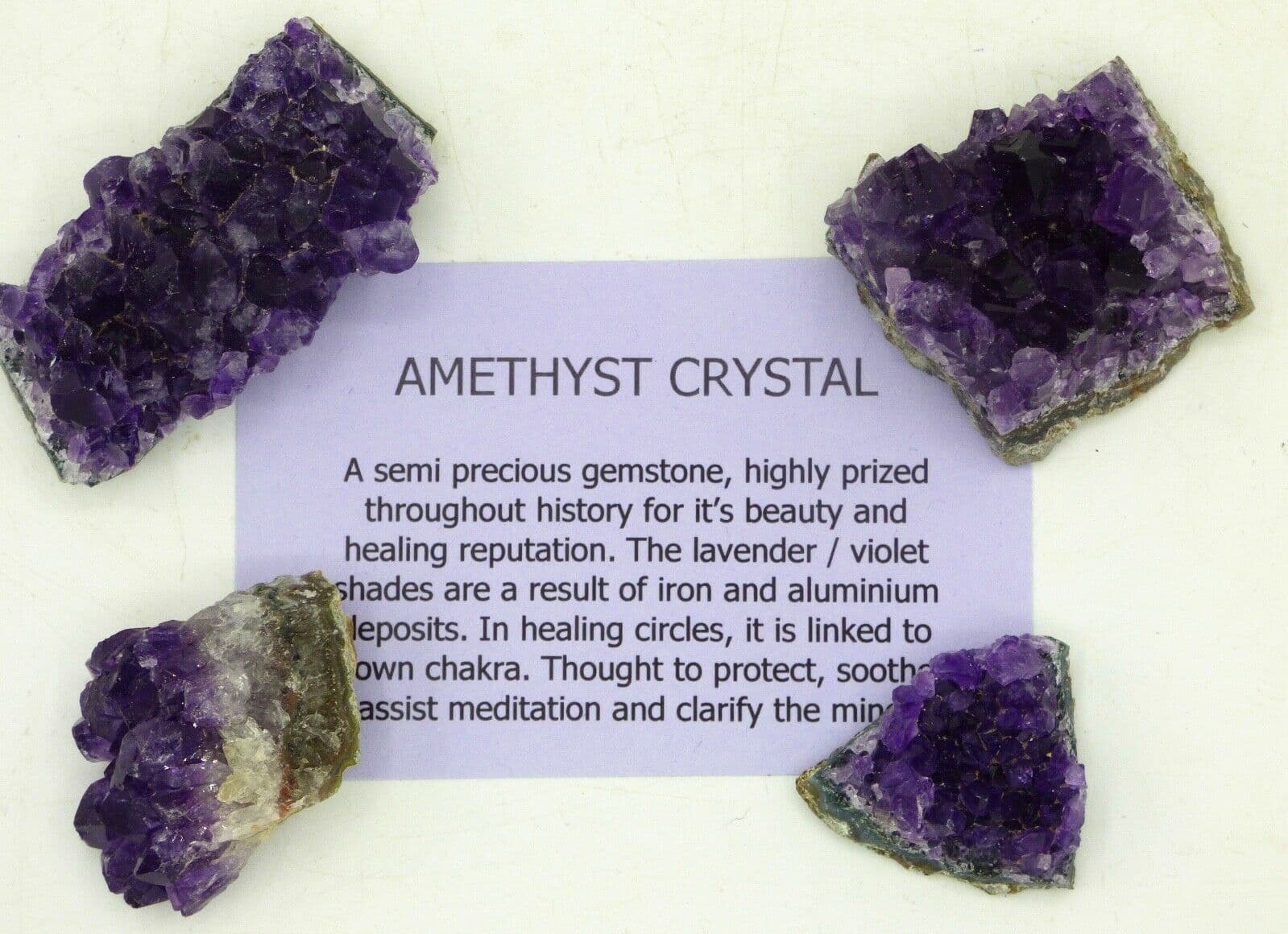 Set of Four Small Amethyst  Crystal Clusters with Card 3 to 5 x 2 to 3 cm  each