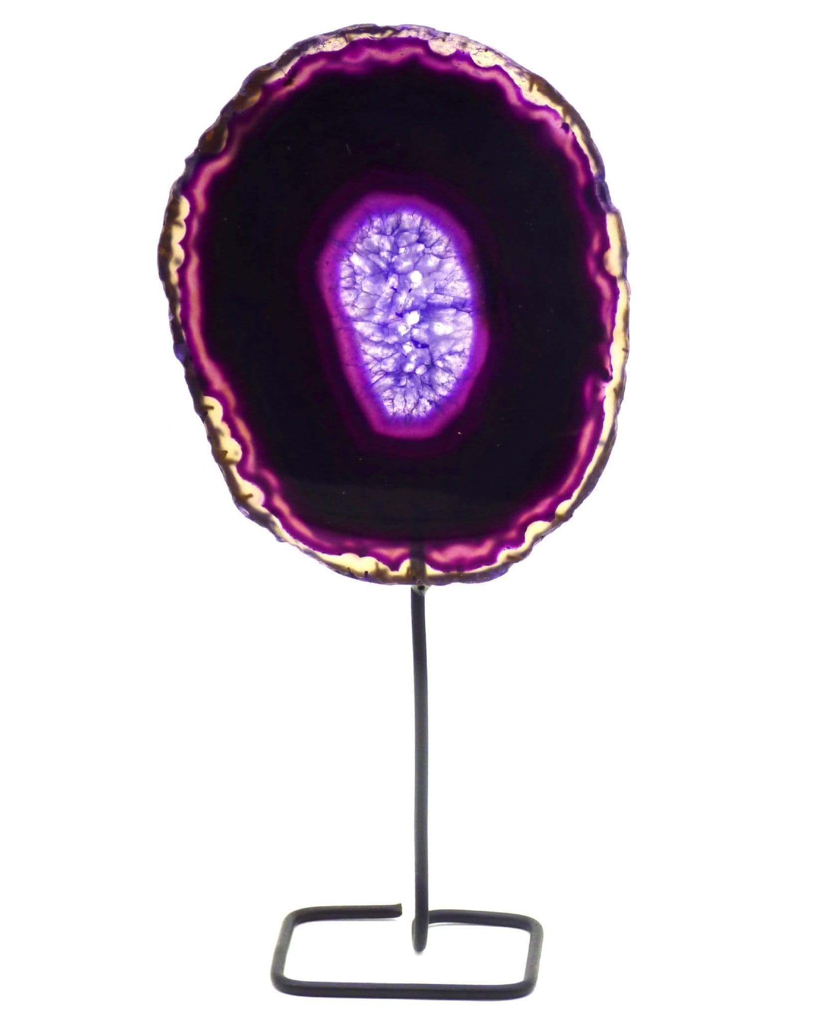 Small Purple Agate Crystal Polished Slice on Metal Display Stand