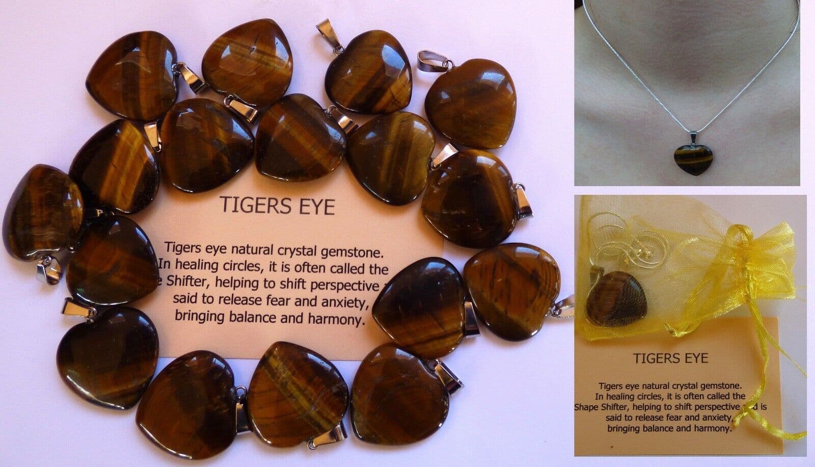 Tigers Eye Crystal Heart  Pendant + Silver Plated Snake Chain +Organza Bag+ Card