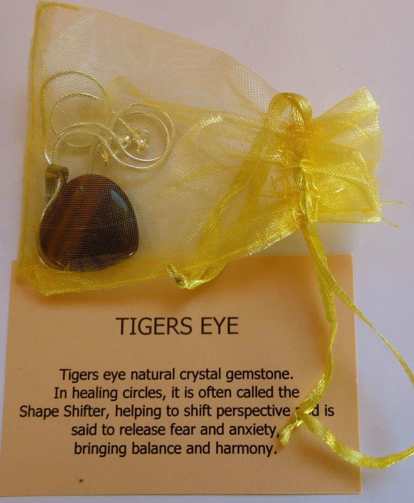 Tigers Eye Crystal Heart  Pendant + Silver Plated Snake Chain +Organza Bag+ Card